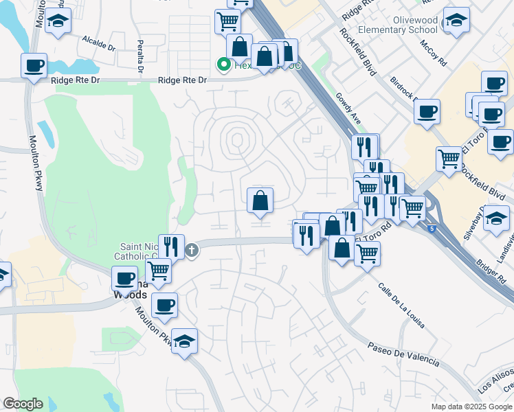 map of restaurants, bars, coffee shops, grocery stores, and more near 2171 Via Mariposa East in Laguna Woods