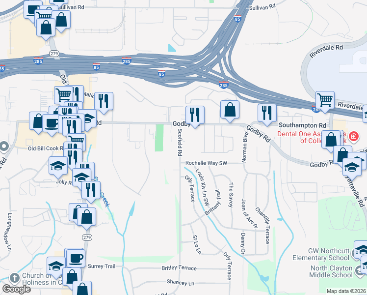 map of restaurants, bars, coffee shops, grocery stores, and more near 5160 Scofield Road in College Park