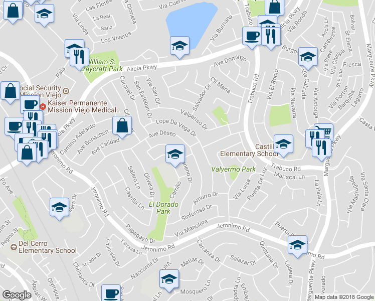 map of restaurants, bars, coffee shops, grocery stores, and more near 26575 Avenue Deseo in Mission Viejo