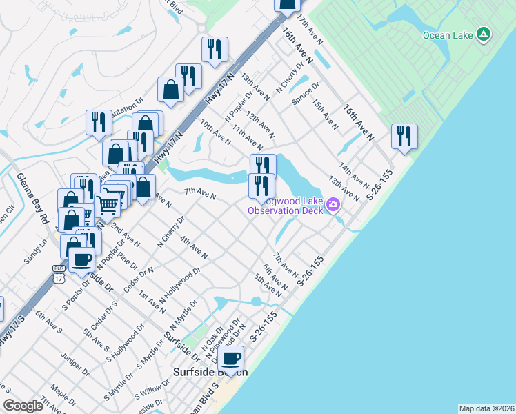 map of restaurants, bars, coffee shops, grocery stores, and more near 715 Cedar Drive North in Surfside Beach