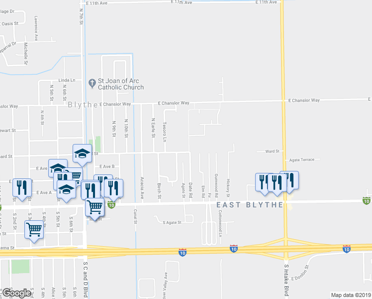 map of restaurants, bars, coffee shops, grocery stores, and more near 321 Alameda Street in Blythe