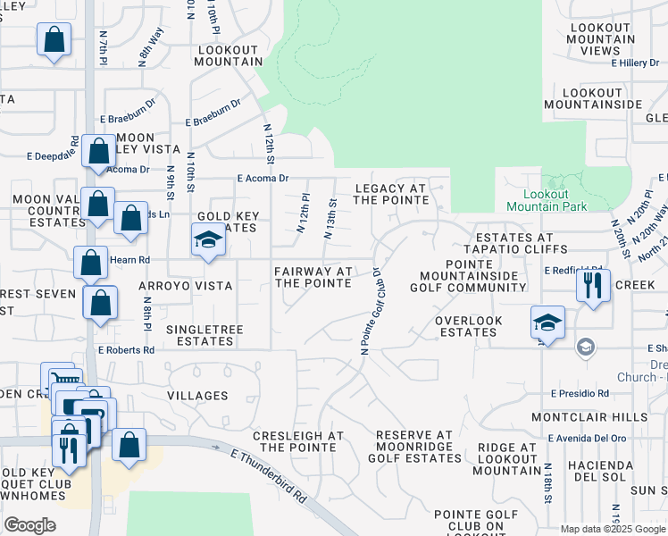 map of restaurants, bars, coffee shops, grocery stores, and more near 1329 East Canterbury Drive in Phoenix