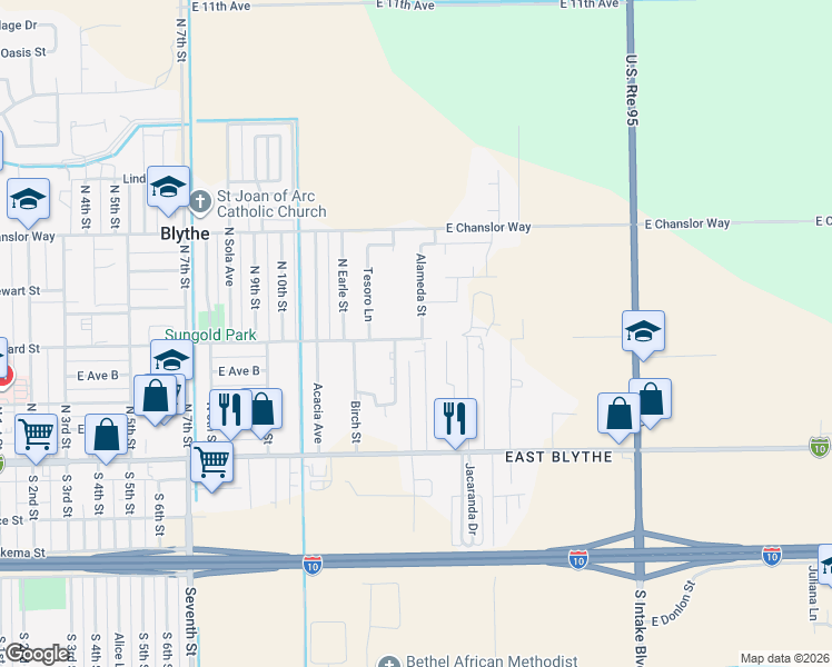 map of restaurants, bars, coffee shops, grocery stores, and more near 321 Alameda Street in Blythe