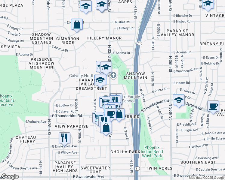 map of restaurants, bars, coffee shops, grocery stores, and more near 14027 North 32nd Street in Phoenix