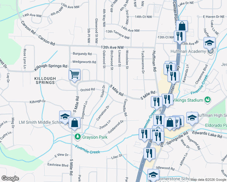 map of restaurants, bars, coffee shops, grocery stores, and more near 1317 5 Mile Road in Birmingham