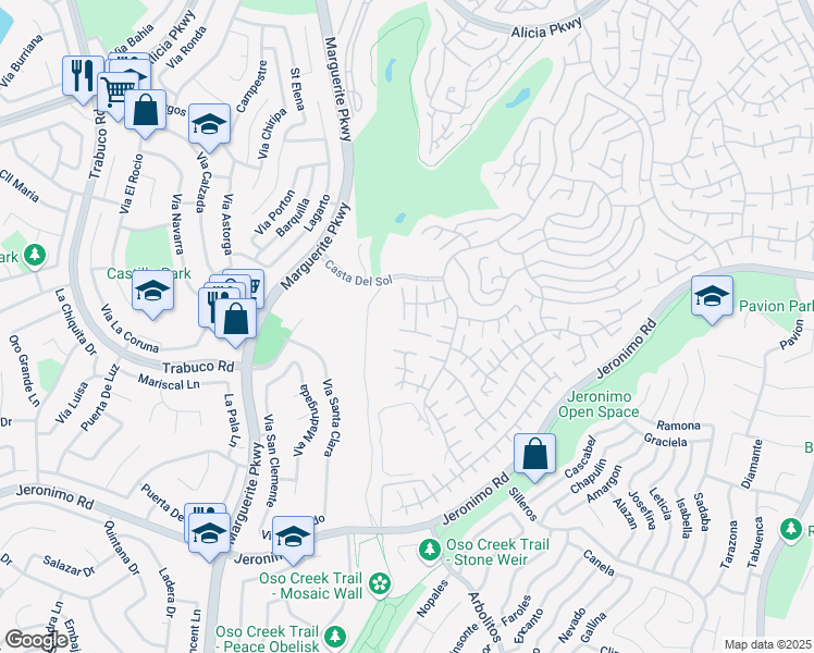 map of restaurants, bars, coffee shops, grocery stores, and more near 23993 Delantal in Mission Viejo