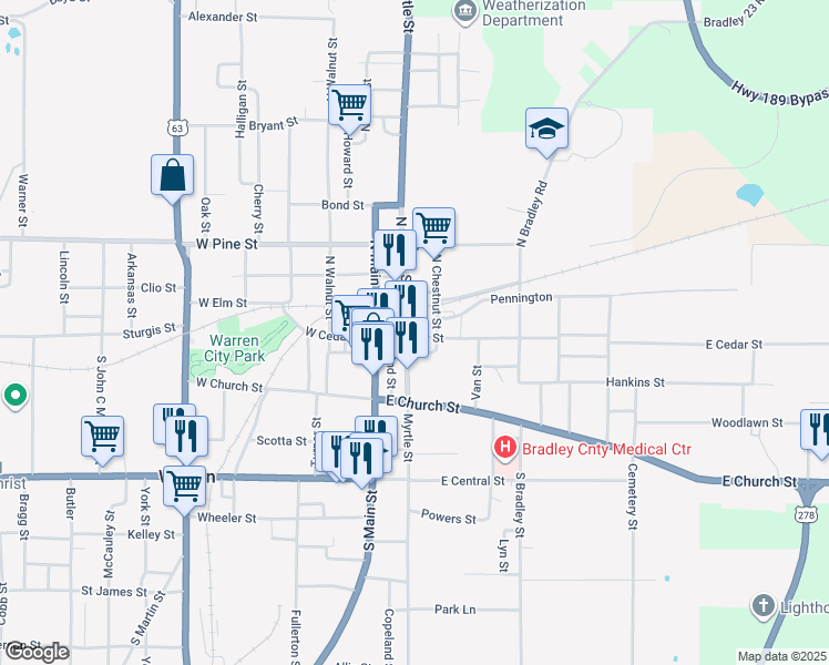 map of restaurants, bars, coffee shops, grocery stores, and more near 110 Myrtle in Warren