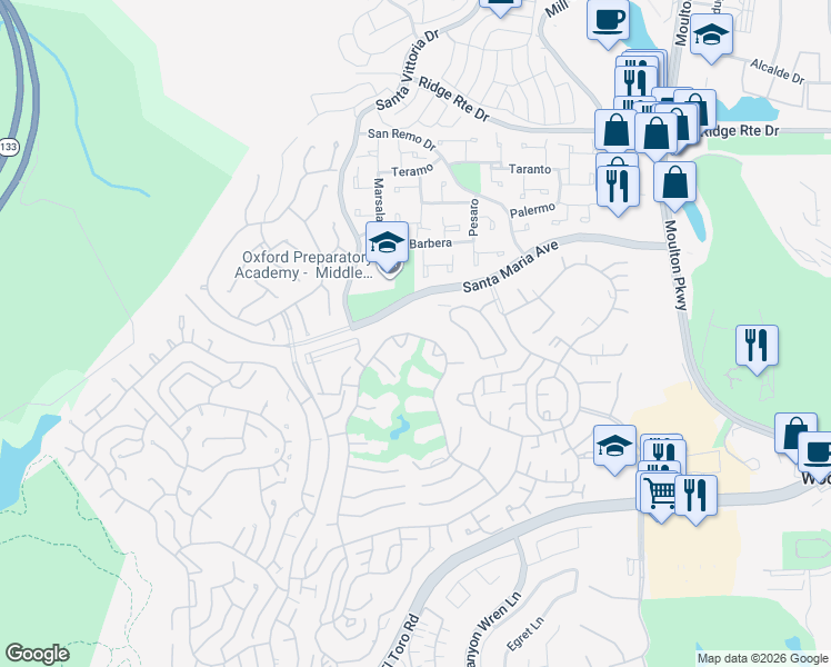 map of restaurants, bars, coffee shops, grocery stores, and more near 5500 Paseo Del Lago in Laguna Woods