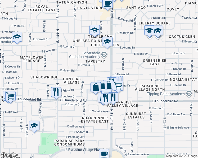 map of restaurants, bars, coffee shops, grocery stores, and more near 4720 East Redfield Road in Phoenix