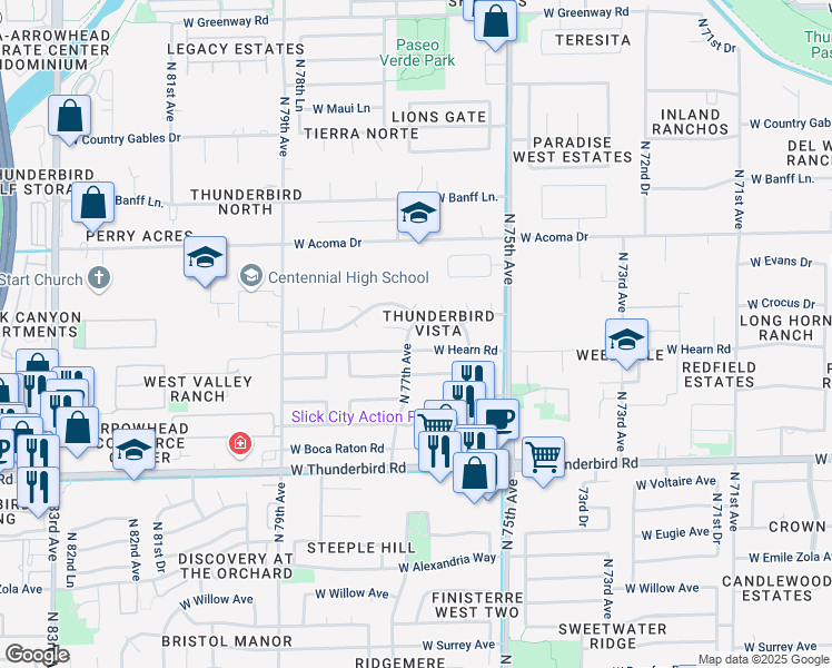 map of restaurants, bars, coffee shops, grocery stores, and more near 14242 North 77th Avenue in Peoria