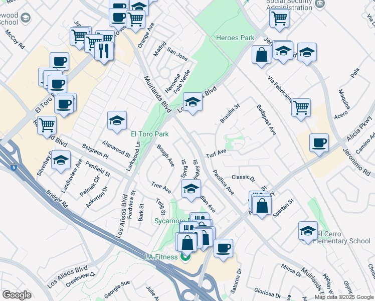 map of restaurants, bars, coffee shops, grocery stores, and more near 23911 Lindley Street in Mission Viejo