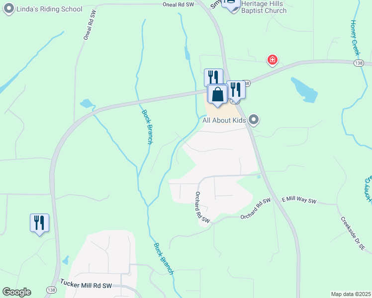 map of restaurants, bars, coffee shops, grocery stores, and more near 3016 Kesmond Drive Southwest in Conyers