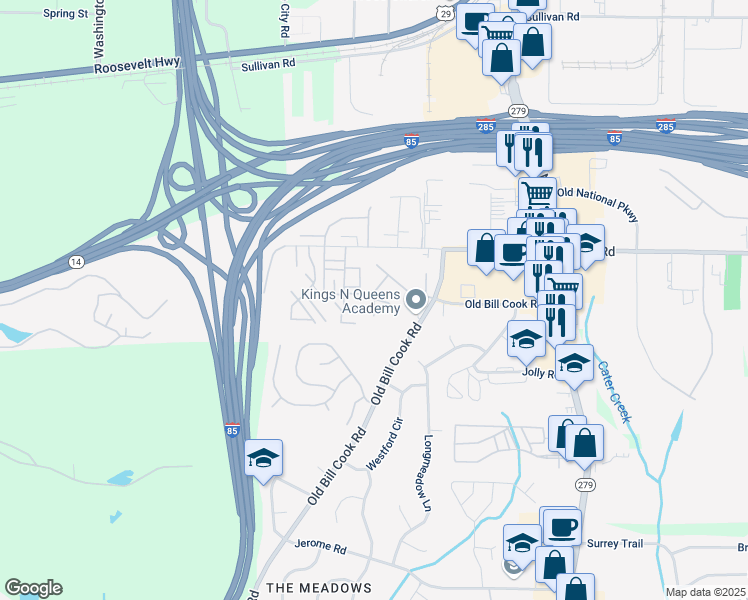 map of restaurants, bars, coffee shops, grocery stores, and more near 5193 Seaside Court in Atlanta