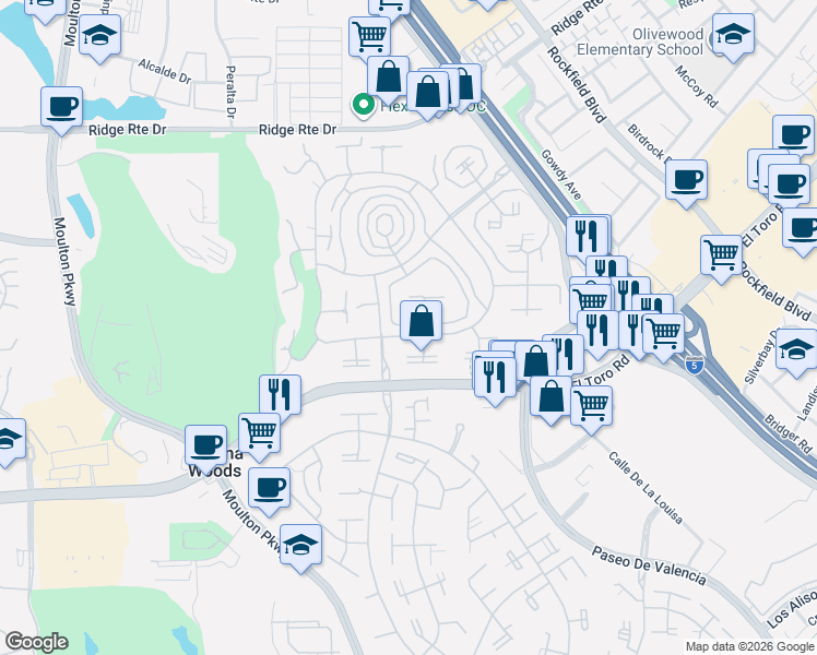 map of restaurants, bars, coffee shops, grocery stores, and more near 2194 Via Mariposa East in Laguna Woods