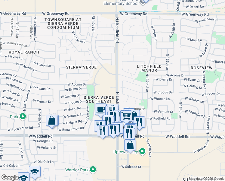 map of restaurants, bars, coffee shops, grocery stores, and more near North Litchfield Road in Surprise