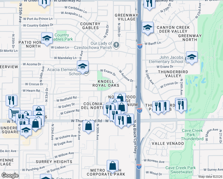 map of restaurants, bars, coffee shops, grocery stores, and more near 12 West Gelding Drive in Phoenix