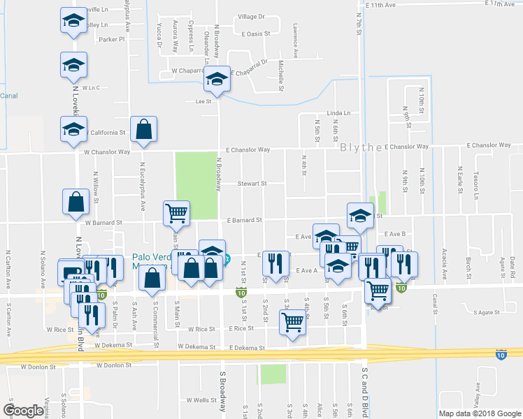 map of restaurants, bars, coffee shops, grocery stores, and more near 317 North 2nd Street in Blythe