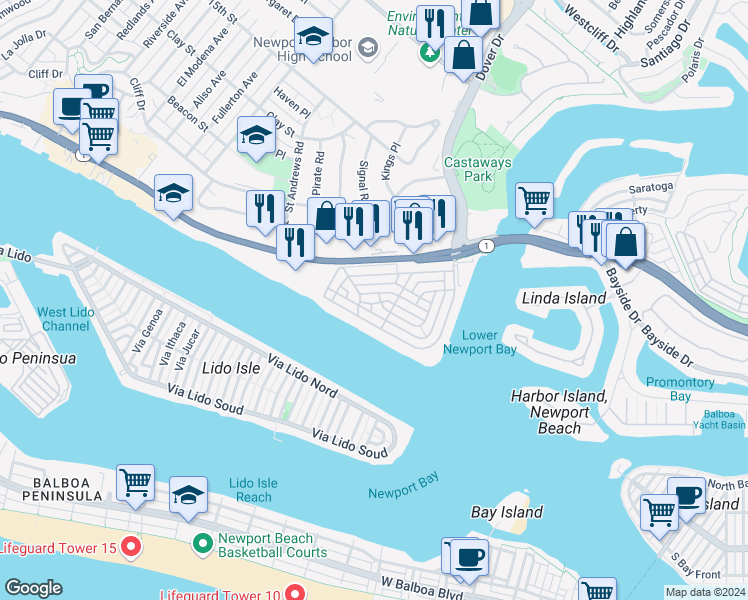 map of restaurants, bars, coffee shops, grocery stores, and more near 2516 Vista Drive in Newport Beach
