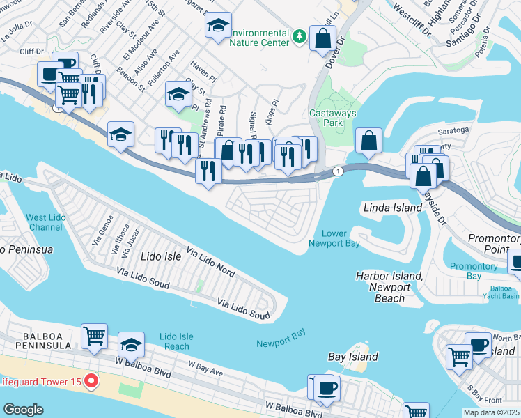 map of restaurants, bars, coffee shops, grocery stores, and more near 2525 Vista Drive in Newport Beach