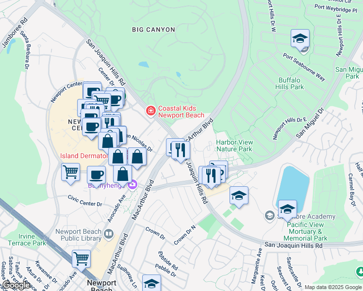 map of restaurants, bars, coffee shops, grocery stores, and more near MacArthur Boulevard & San Joaquin Hills Road in Newport Beach