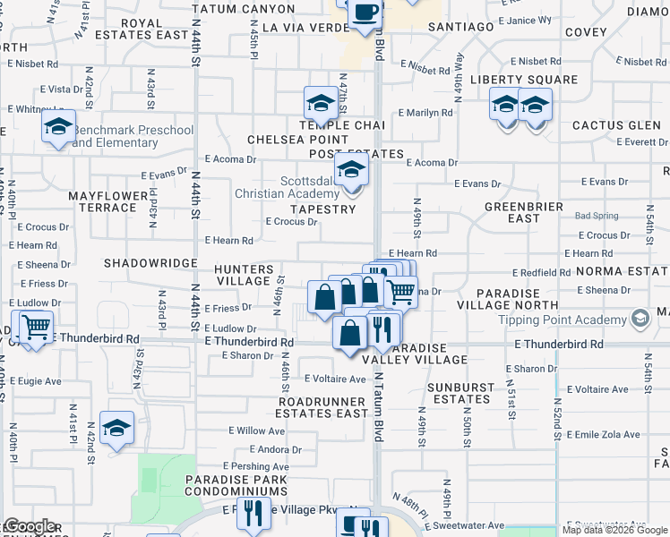 map of restaurants, bars, coffee shops, grocery stores, and more near 4720 East Redfield Road in Phoenix