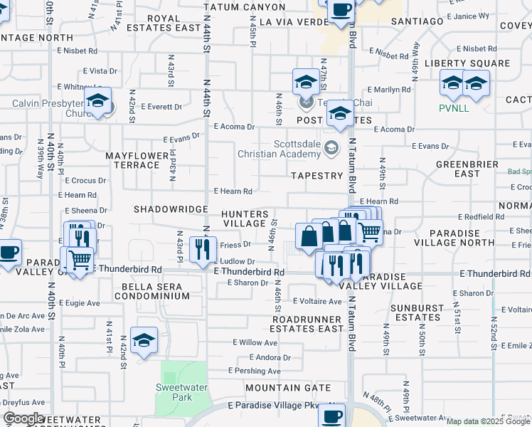 map of restaurants, bars, coffee shops, grocery stores, and more near 4602 East Redfield Road in Phoenix