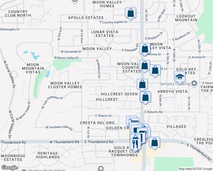 map of restaurants, bars, coffee shops, grocery stores, and more near 82 East Canterbury Court in Phoenix
