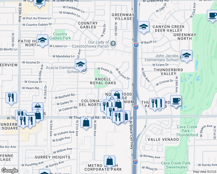 map of restaurants, bars, coffee shops, grocery stores, and more near 12 West Gelding Drive in Phoenix