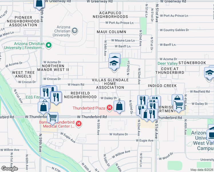 map of restaurants, bars, coffee shops, grocery stores, and more near 5419 West Sheena Drive in Glendale