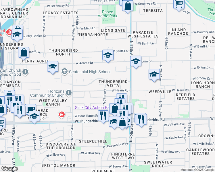 map of restaurants, bars, coffee shops, grocery stores, and more near 14242 North 77th Avenue in Peoria