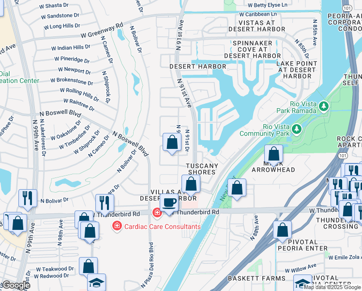 map of restaurants, bars, coffee shops, grocery stores, and more near 9139 West Gelding Drive in Peoria