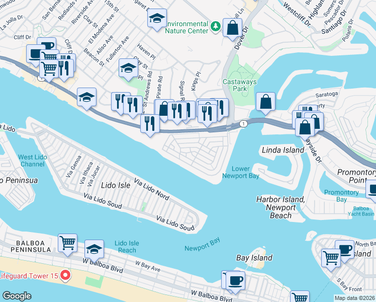 map of restaurants, bars, coffee shops, grocery stores, and more near 2525 Vista Drive in Newport Beach