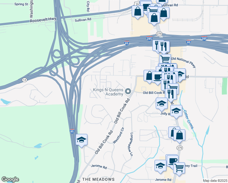 map of restaurants, bars, coffee shops, grocery stores, and more near 5193 Seaside Court in Atlanta