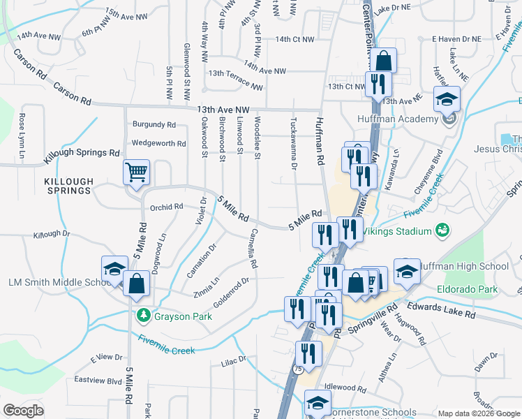 map of restaurants, bars, coffee shops, grocery stores, and more near 1112 Woodslee Street in Birmingham