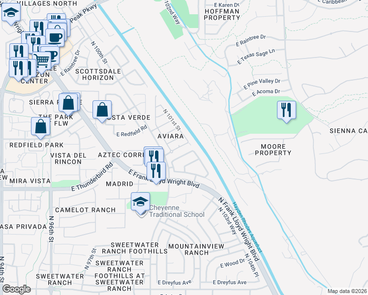 map of restaurants, bars, coffee shops, grocery stores, and more near 10080 East Sheena Drive in Scottsdale
