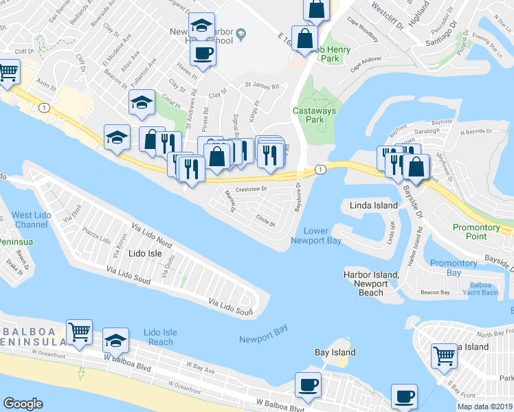 map of restaurants, bars, coffee shops, grocery stores, and more near 2562 Vista Drive in Newport Beach