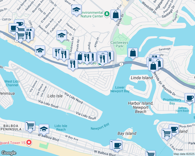 map of restaurants, bars, coffee shops, grocery stores, and more near 2562 Vista Drive in Newport Beach