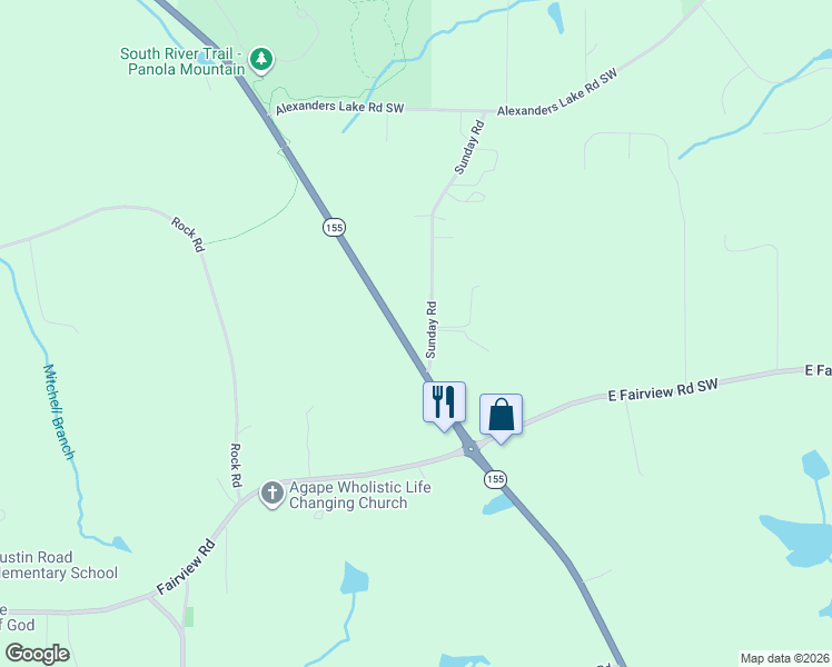 map of restaurants, bars, coffee shops, grocery stores, and more near 2861 Sunday Road in Stockbridge