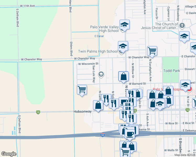 map of restaurants, bars, coffee shops, grocery stores, and more near 333 North Carlton Avenue in Blythe