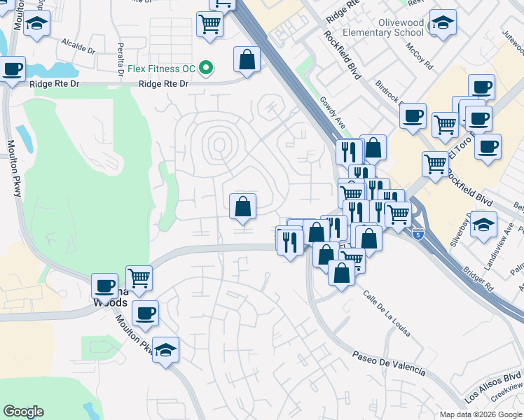map of restaurants, bars, coffee shops, grocery stores, and more near 2189 Via Mariposa East in Laguna Woods