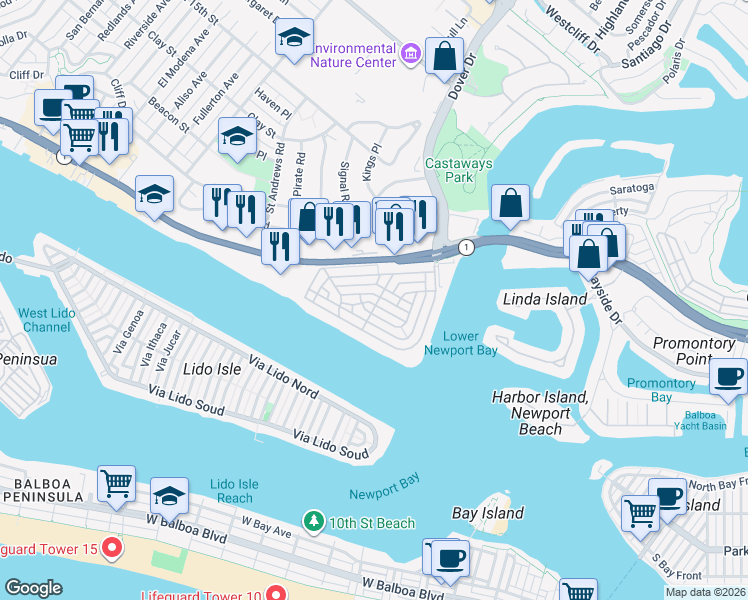 map of restaurants, bars, coffee shops, grocery stores, and more near 2562 Vista Drive in Newport Beach
