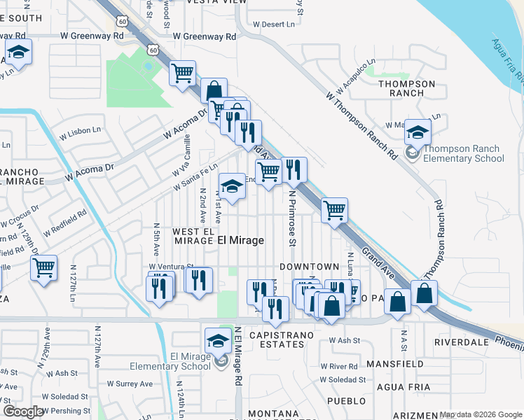 map of restaurants, bars, coffee shops, grocery stores, and more near 14414 North Palm Street in El Mirage