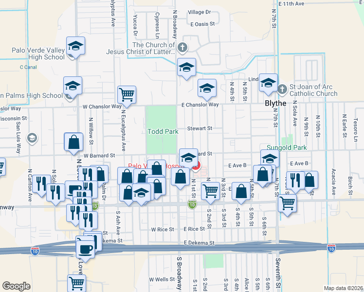 map of restaurants, bars, coffee shops, grocery stores, and more near 324 North Broadway in Blythe