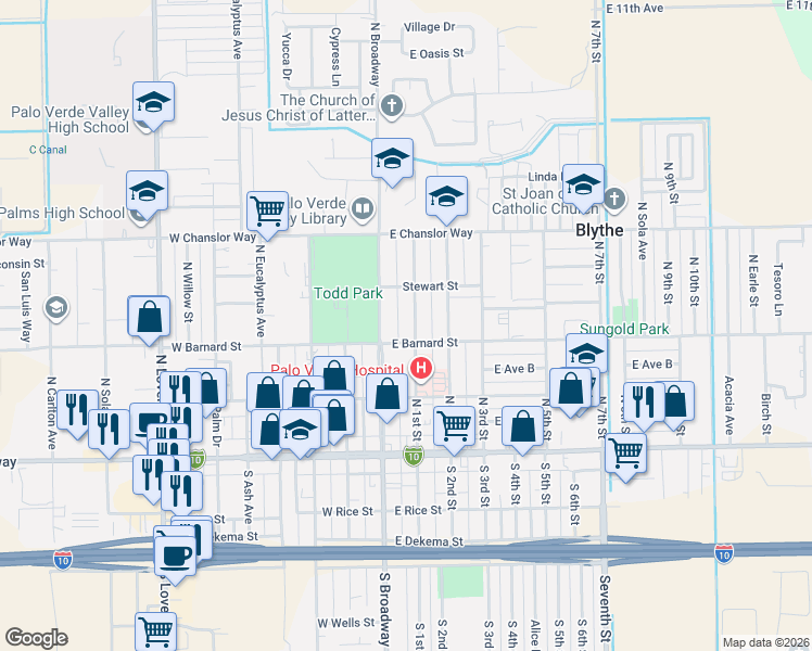 map of restaurants, bars, coffee shops, grocery stores, and more near 352 North 1st Street in Blythe