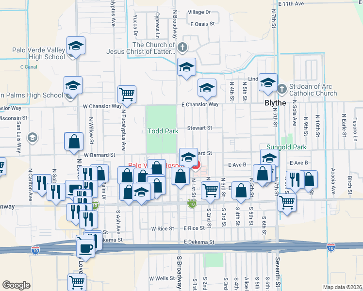 map of restaurants, bars, coffee shops, grocery stores, and more near 324 North Broadway in Blythe