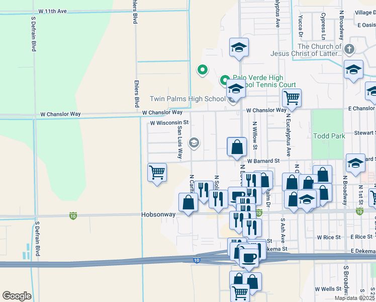 map of restaurants, bars, coffee shops, grocery stores, and more near North Carlton Avenue in Blythe