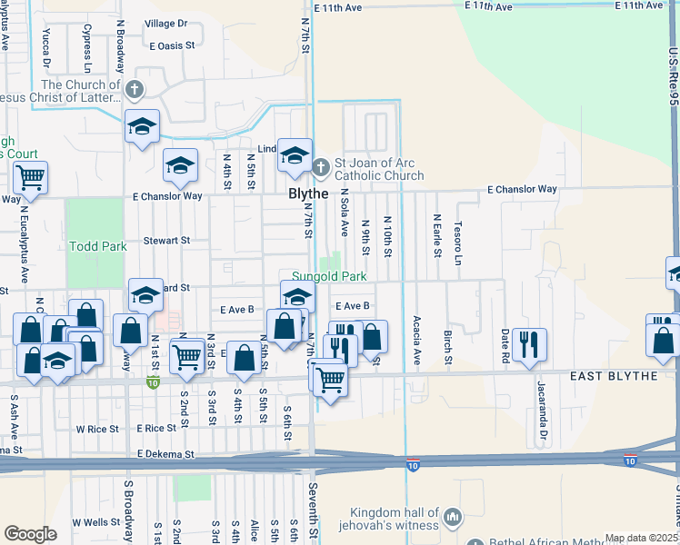 map of restaurants, bars, coffee shops, grocery stores, and more near 331 North Sola Avenue in Blythe