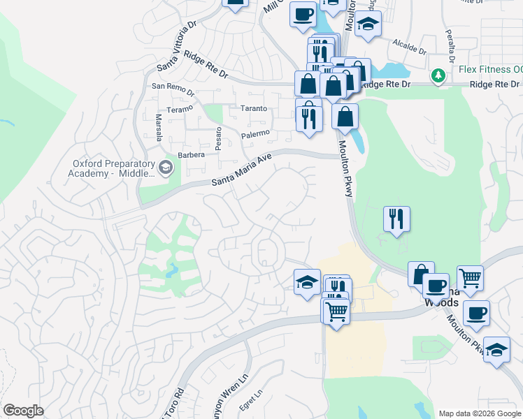 map of restaurants, bars, coffee shops, grocery stores, and more near 3071 Via Serena North in Laguna Hills