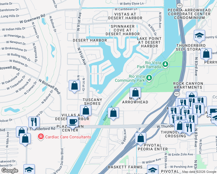 map of restaurants, bars, coffee shops, grocery stores, and more near 13840 North Desert Harbor Drive in Peoria