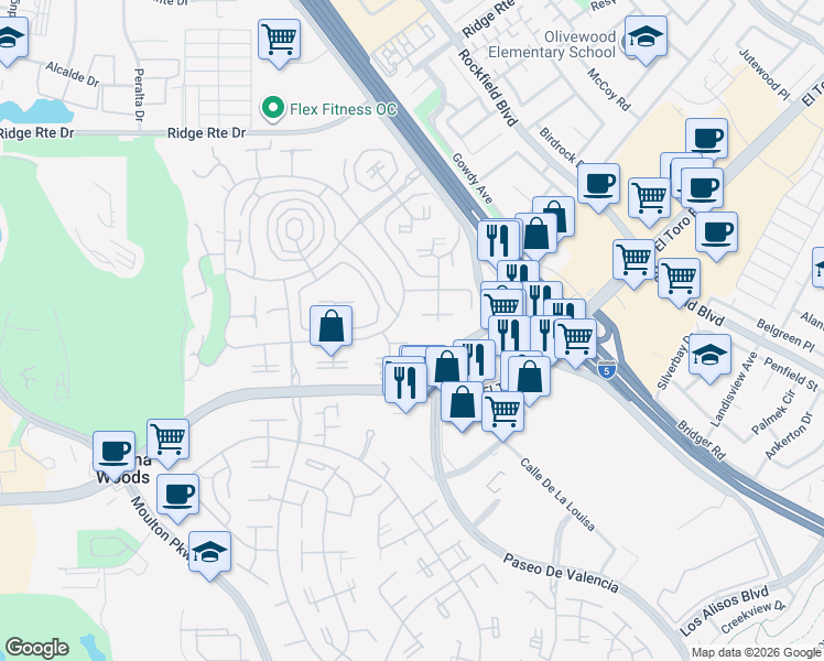 map of restaurants, bars, coffee shops, grocery stores, and more near 2048 Via Mariposa East in Laguna Woods